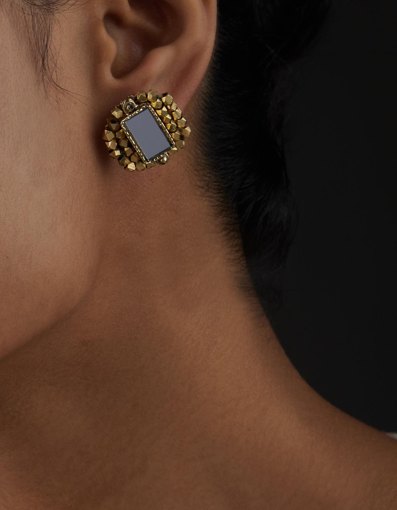 Mirror Gold Brick Beaded Stud Earrings