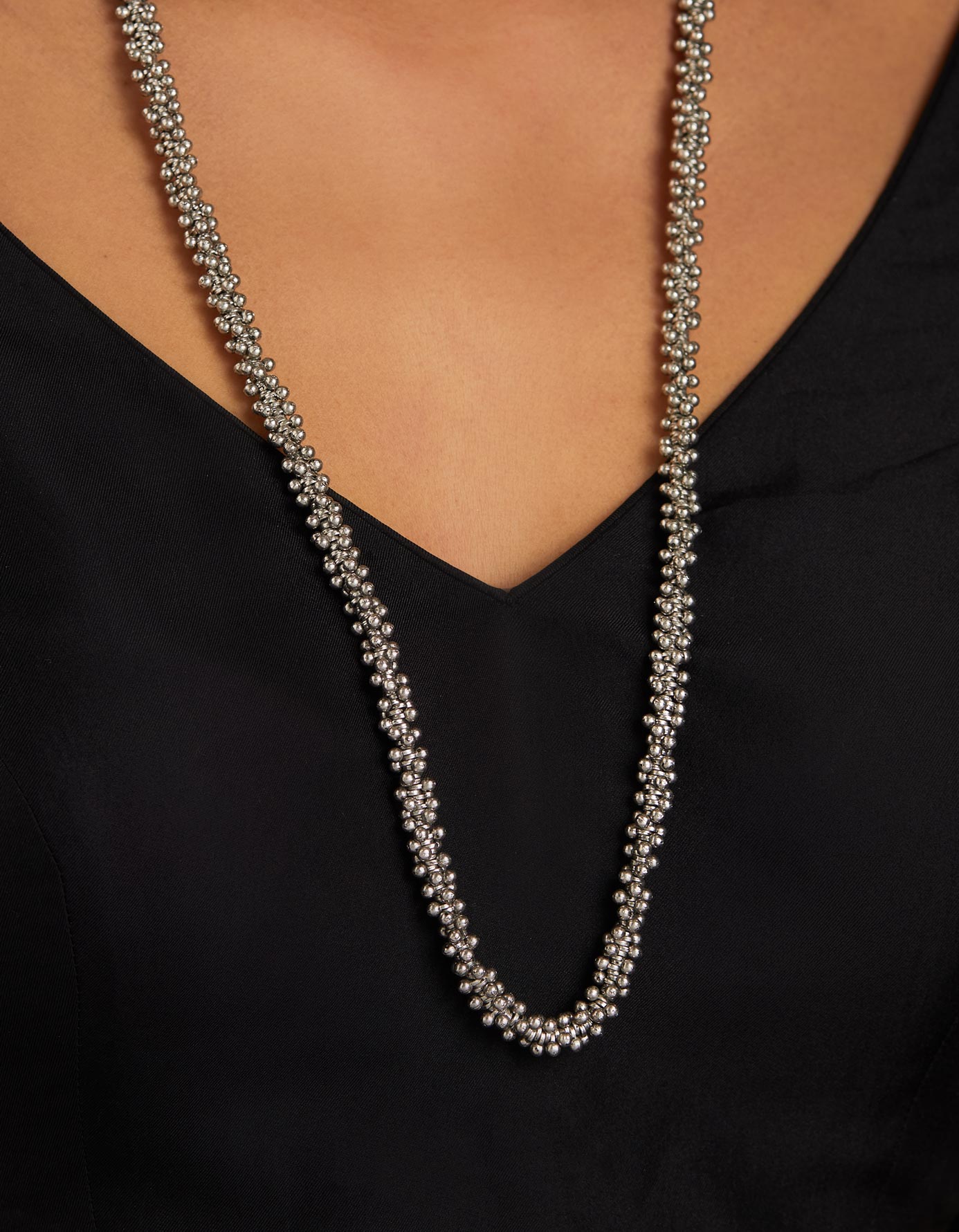 Beaded Long Silver Necklace