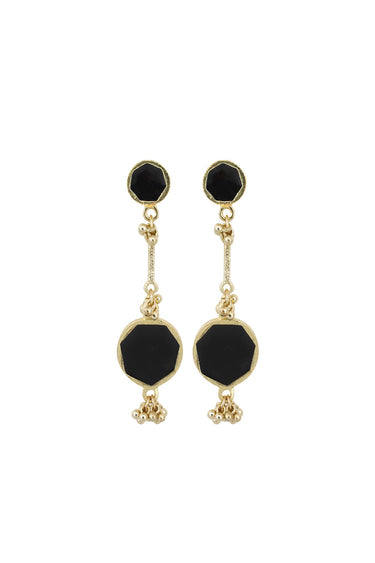 Black Round 2 Enamel Long Earrings